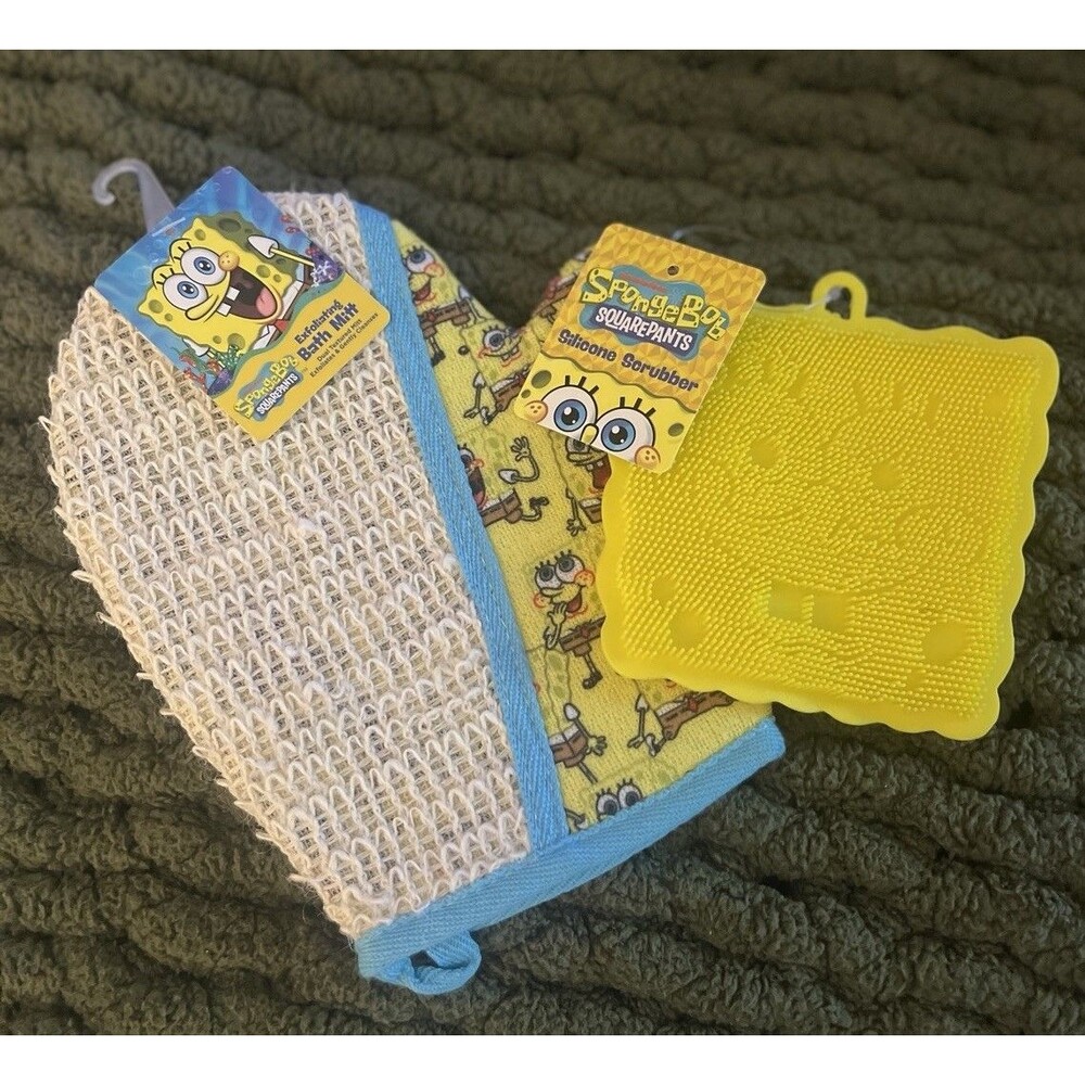 SpongeBob SquarePants Bath Set 2-Piece Bath Mitt & Silicone Body Scrubbers NWTq